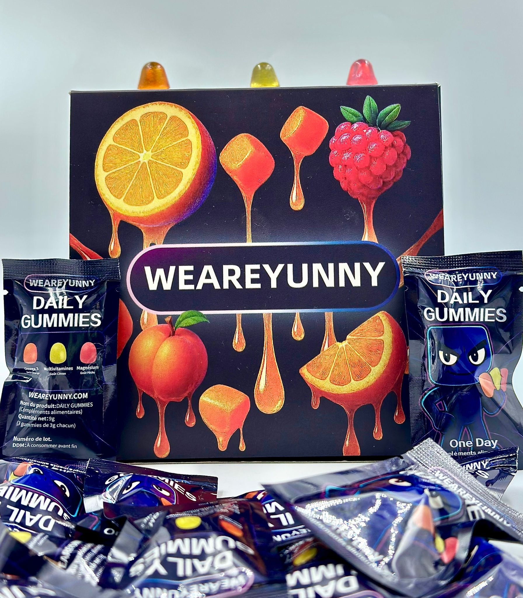 Nos gummies Omega-3, Multivitamines et Magnesium glycinate sont réunis dans un sachet journalier unique, sans sucre ajouté, avec des arômes issus de vrais jus de fruits.
Fini les grosses gélules : 1 sachet = votre cure complète du jour.

Disponible en box mensuelle de 30 sachets et en abonnement pour recevoir automatiquement votre cure chaque mois — simple, pratique, impossible d’oublier.

La nouvelle génération de compléments : bon, efficace et pensé pour durer.