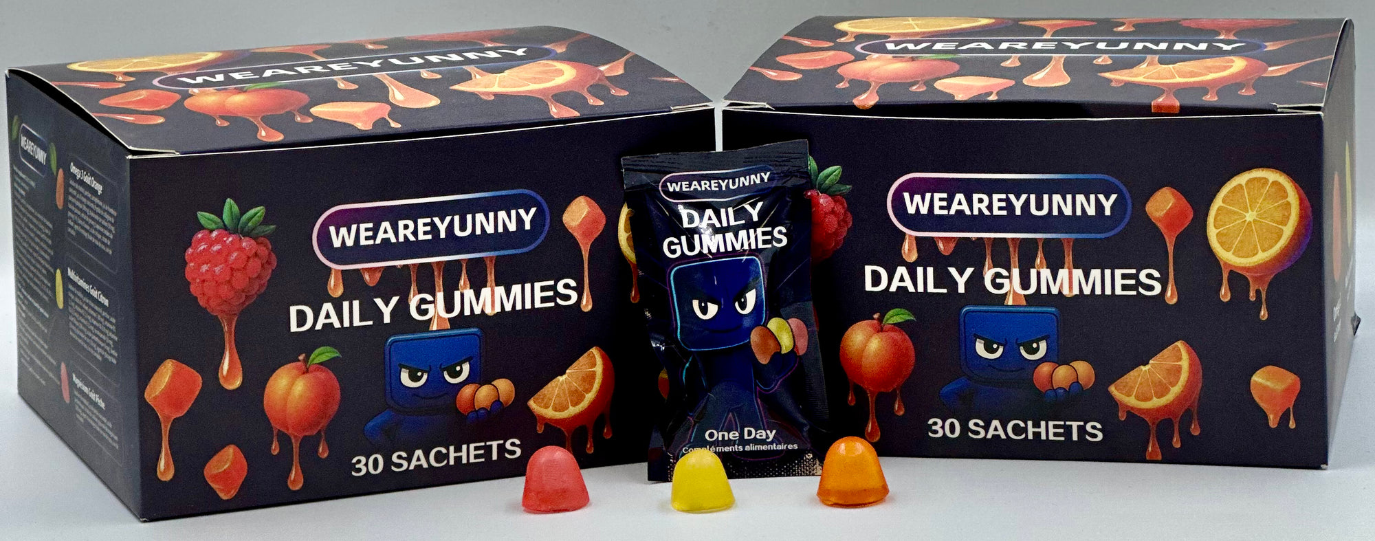 Une box mensuelle comprenant 30 sachets journaliers, avec dans chaque sachet : Omega 3, Multivitamines et Magnésium
3 Gummies, 3 Goûts, 3 Bénéfices
Orange, Citron et Pêche 