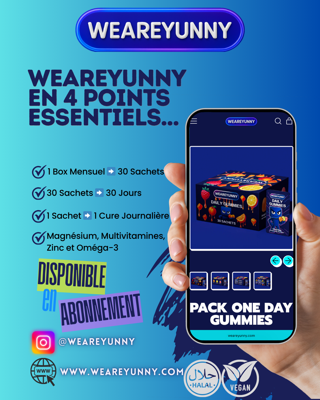 WeAreUni Gummies, c’est 3 gummies essentiels réunis dans un sachet journalier pratique, avec des ingrédients pensés pour l’énergie, le bien-être et la récupération.
Nos packagings — sachets journaliers et box mensuelle — sont illustrés avec un style artistique unique, renouvelé régulièrement.